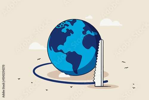 World economic crisis from war and geopolitical problem or threats, climate change or global warming destroying world concept, sawing globe to fall from the floor metaphor of danger and threats.