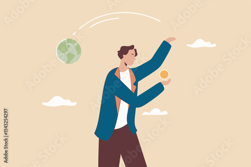 Irresponsible business destroy the world, climate change or global warming causing by big company, greedy businessman company owner happy holding precious money coin while throw away planet earth.
