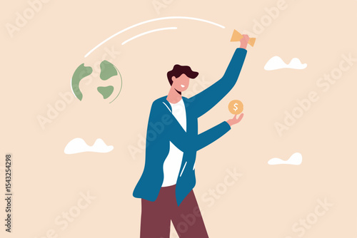 Irresponsible business destroy the world, climate change or global warming causing by big company, greedy businessman company owner happy holding precious money coin while throw away planet earth.