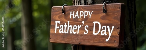 Wooden chalkboard inscription “Happy Father's Day”. Wooden card on a table in honor of the holiday.	