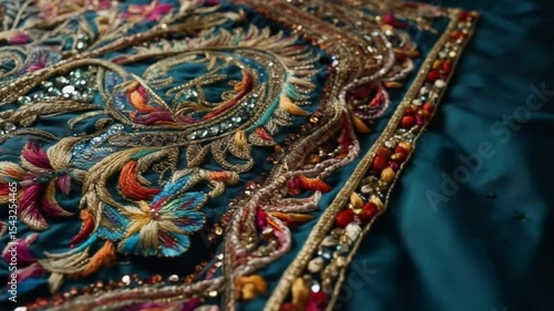 Wallpaper Mural Intricate floral embroidery on teal fabric, an opulent textile design element Torontodigital.ca