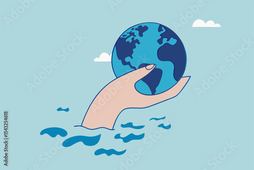 Save the world from climate change and global warming problem, protect our planet from melting ice flood or disaster concept, hand tendering holding world or globe above climate flood ocean.