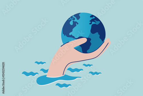 Save the world from climate change and global warming problem, protect our planet from melting ice flood or disaster concept, hand tendering holding world or globe above climate flood ocean.