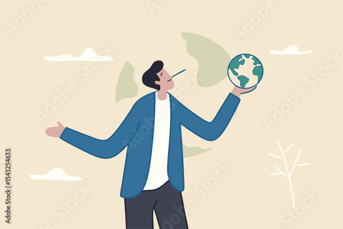 World leader climate change failure, liar cannot keep promise or reduce pollution green house effect, global warming issue concept, businessman politician Pinocchio nose lying about saving the world.