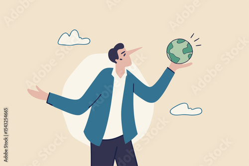 World leader climate change failure, liar cannot keep promise or reduce pollution green house effect, global warming issue concept, businessman politician Pinocchio nose lying about saving the world.