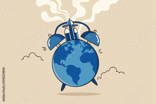 World climate change crisis or global warming alert, time to take care of our world environment concept, planet earth or globe with world map as alarm clock with pollution smoke industry on top.
