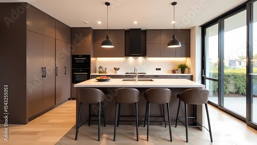 Contemporary 2025 Mocha Mousse color, Mocha Mousse chocolate shades. Elegant and cozy kitchen design	
