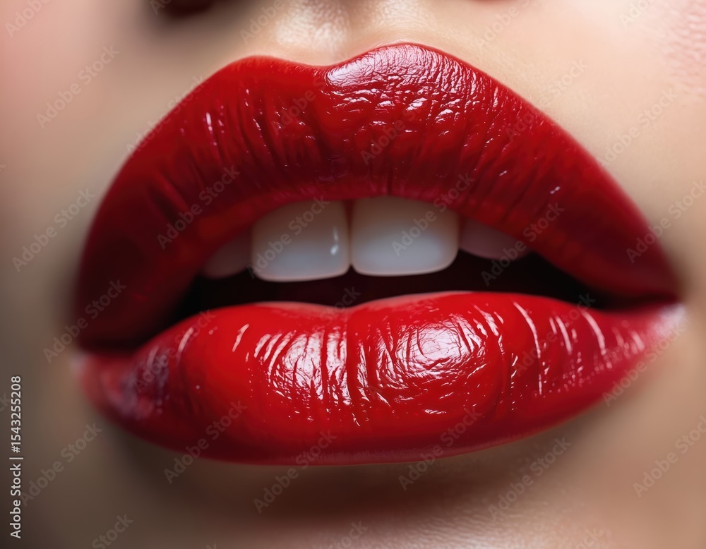 Obraz premium Close-up of female red lips. Beautiful girl model shows perfect bright lipstick make-up. Sensual mouth, glossy lip, white teeth. Glamour beauty concept for cosmetics.