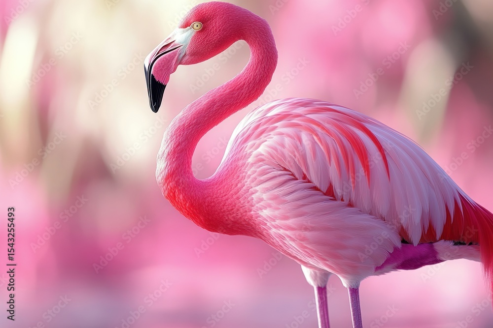 Fototapeta premium Pink flamingo, elegant pose, soft bokeh background