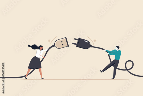 Disconnected business, broken communication, 404 or disconnect from social media distraction or monitor screen, young man and young adult woman pull electric socket plug to disconnect from internet.