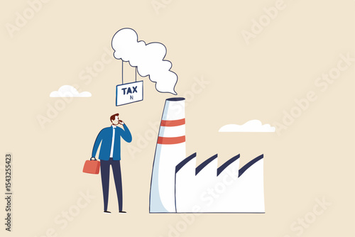 Carbon tax, CO2 cost of emission or pollution, charged for global warming, climate change and environment responsibility, businessman looking at tax charged price tax on smoke from factory chimney.