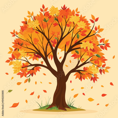 Solitary Autumn Tree Orange Yellow Red Leaves Falling
