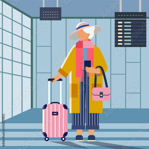 Elderly woman at the airport or train station. Woman with a valise. Tourism, travel, trip. Active old age, solo travel. Flat style. Vector illustration.