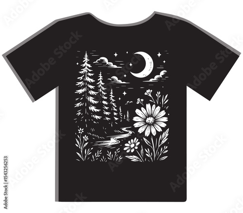 Night Forest with Moon and Flowers T-Shirt Design
