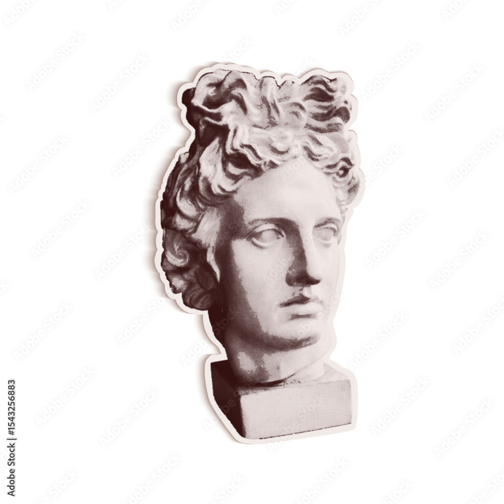 Trendy halftone collage of statue of Apollo's head cut out an of old newspaper. Isolated vector illustration grayscale retro sticker with Dots texture. Vintage Pop art aesthetic, y2k vibe nostalgic Trendy halftone collage of statue of Apollo's head cut out an of old newspaper. Isolated vector illustration grayscale retro sticker with Dots texture. Vintage Pop art aesthetic, y2k vibe nostalgic