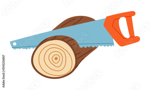 Saw cuts a round log. Garden and construction tools. Working process. Flat color illustration. For topics such as ecology, gardening, sustainable development, landscaping, and nature conservation