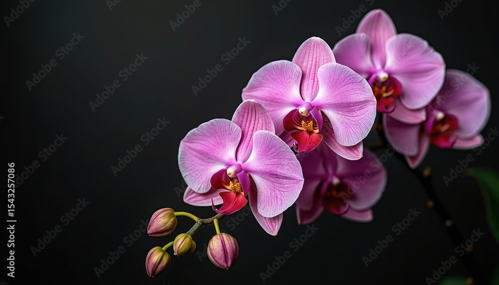 Obraz premium Elegant orchid flowers on black background. Beautiful blooming phalaenopsis plants with pink petals, green stems. Floral arrangement ideal for greeting card, botanical design, wedding invitation,