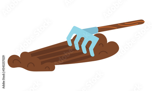 Flat rakes make lines in soft soil for planting seedlings. Garden tools. Gardening, Plant Care. Suitable for agricultural websites, blogs, gardening guides, and advertising garden tools