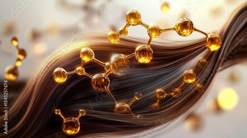 A close-up of flowing hair intertwined with golden molecular structures, symbolizing hair care or scientific beauty treatments.