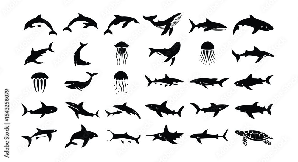 Fototapeta premium Collection of sea animals showcases marine life icons including sharks, dolphins, whales, jellyfish, and turtles, silhouette