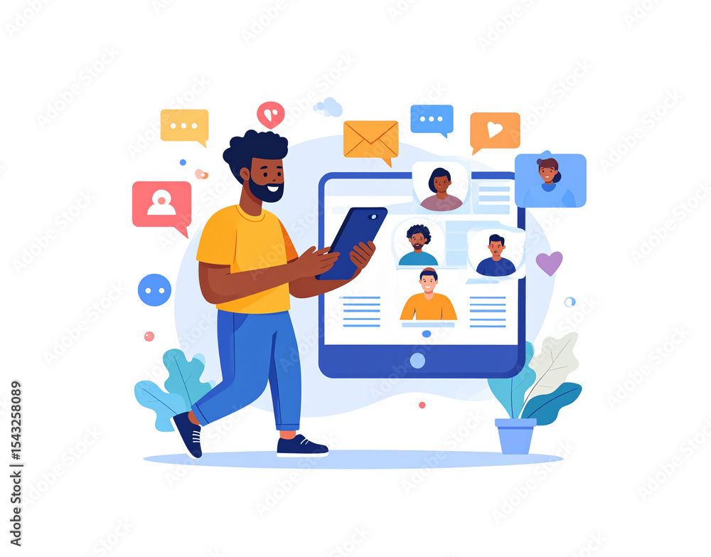 Smiling Man Using Social Media App on Tablet Flat Vector Illustration. Smiling Man Using Social Media App on Tablet Flat Vector Illustration.