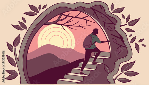Person Ascending Steps Towards a Sunrise in a Paper Art Illustration