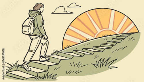 Person Ascending Steps Towards a Sunrise in a Paper Art Illustration