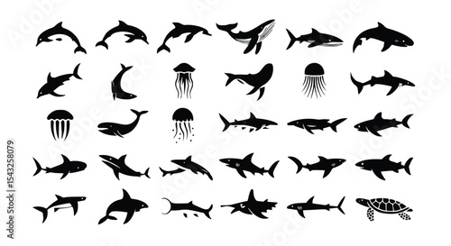 Collection of sea animals showcases marine life icons including sharks, dolphins, whales, jellyfish, and turtles, silhouette