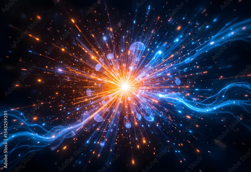 Obraz premium Abstract Digital Explosion of Blue and Orange Energy Particles on Black Background