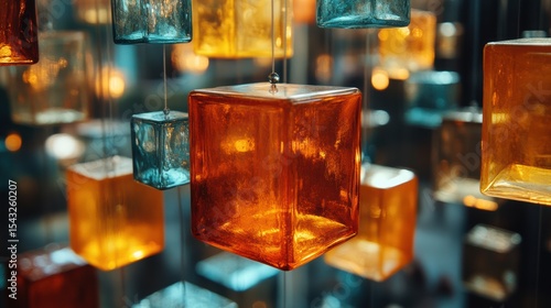 Warm light reflects from hanging decorative glass cubes in hues of amber blue and gold casting interesting shadows