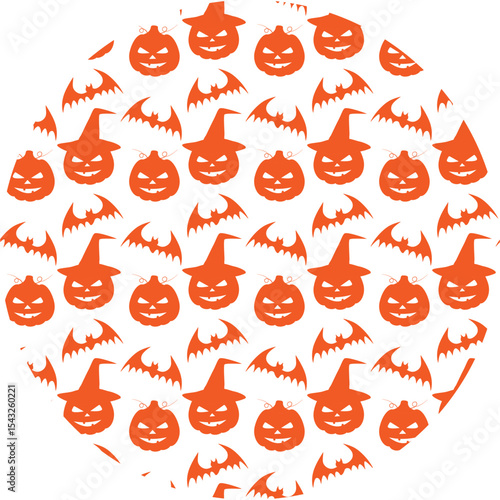 Halloween Pumpkins and Bats Monochrome orange Seamless Pattern on Circle Background Greeting fond