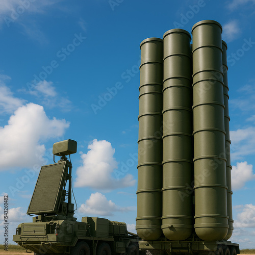 Modern Missile Defense System with Radar Launcher Against Blue Sky