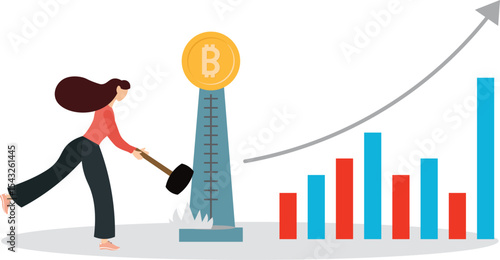 Investment asset price hit all time high, market rising, stock, crypto currency or gold price rally concept.flat character life .