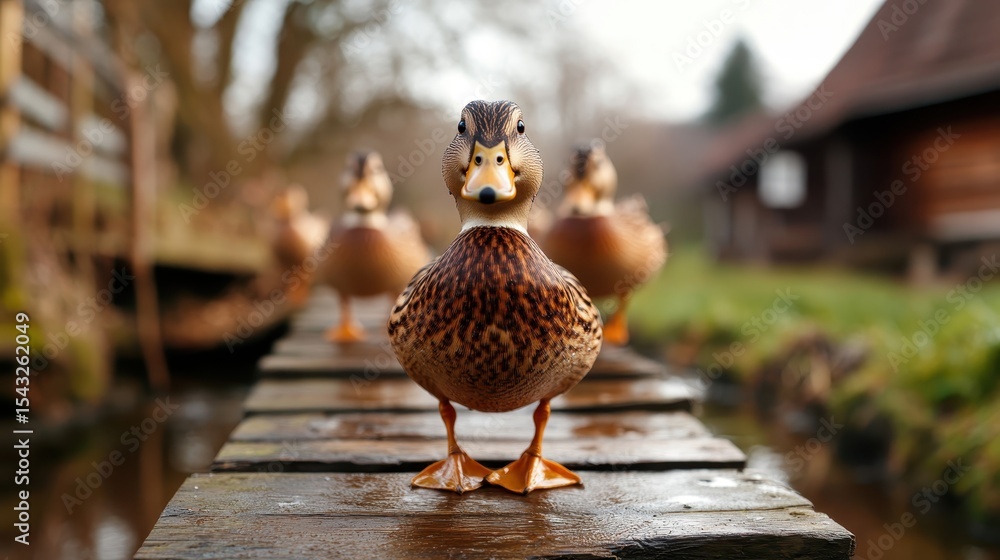 Fototapeta premium A duck poses confidently on a wooden bridge, framed by serene surroundings, evoking feelings of tranquility and charm in a peaceful, rustic setting.