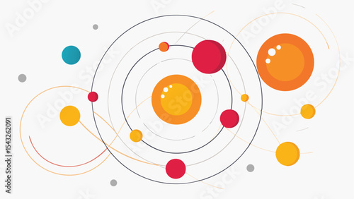 Abstract colorful planetary system graphic with transparent elements on white background