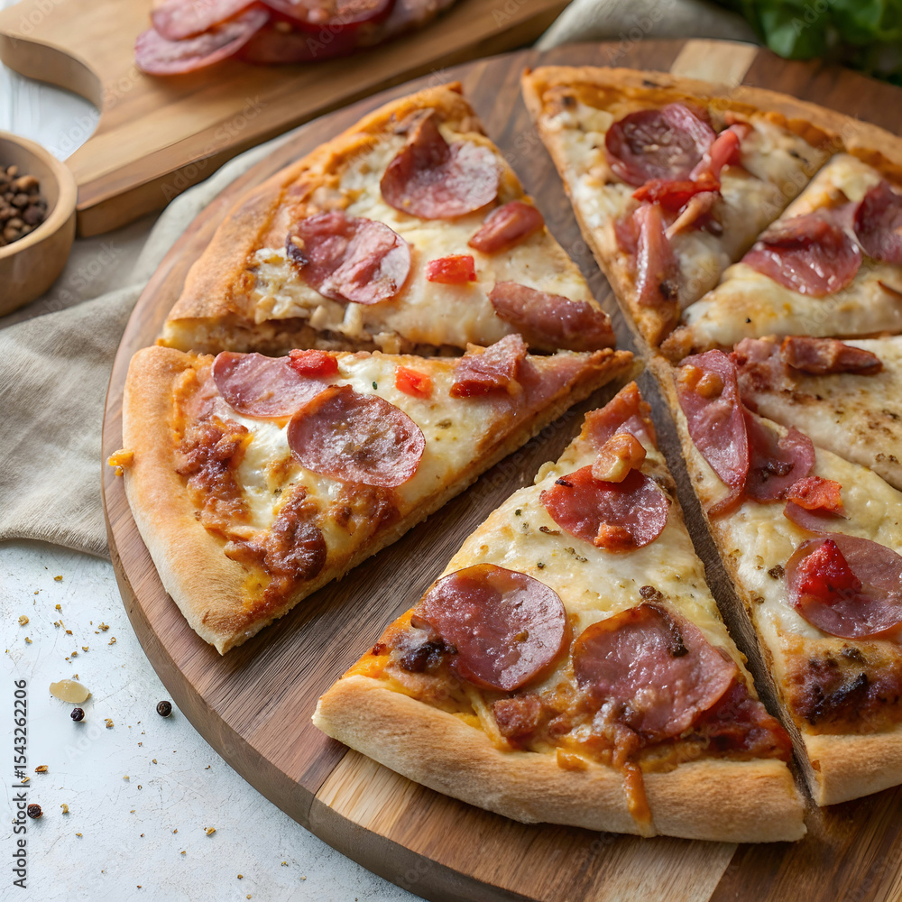 tasty meat pizza with ham bacon and pepperoni on a tasty meat pizza with ham bacon and pepperoni on a