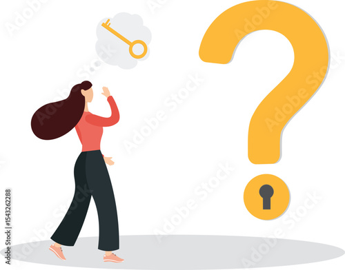 Key to unlock answer for problem and questions, solution or reason to solve problem, wisdom or understanding concept.flat character life .