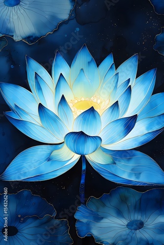 Glowing Blue Lotus Illustration with Luminous Center and Petal Detail