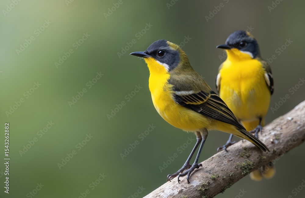 Fototapeta premium Vibrant photo Yellow-breasted Chats Icteria virens perched on branch. Birds with bright yellow breast, olive back, black head. Nature portrait of wild avian species. Natural environment background.