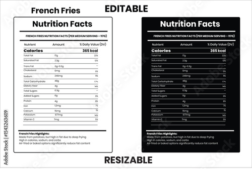 French Fries, nutrition facts, nutrition, nutrition label, calories in food, nutrition info, supplement facts, vector template