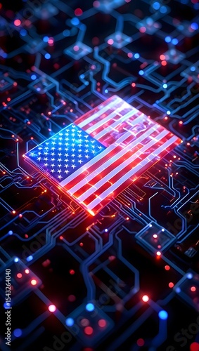 USA flag digitally integrated into a glowing circuit board