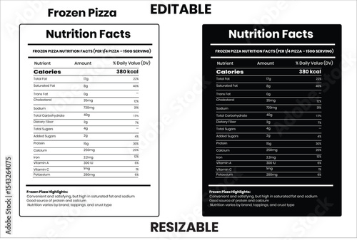 Frozen Pizza, nutrition facts, nutrition, nutrition label, calories in food, nutrition info, supplement facts, vector template