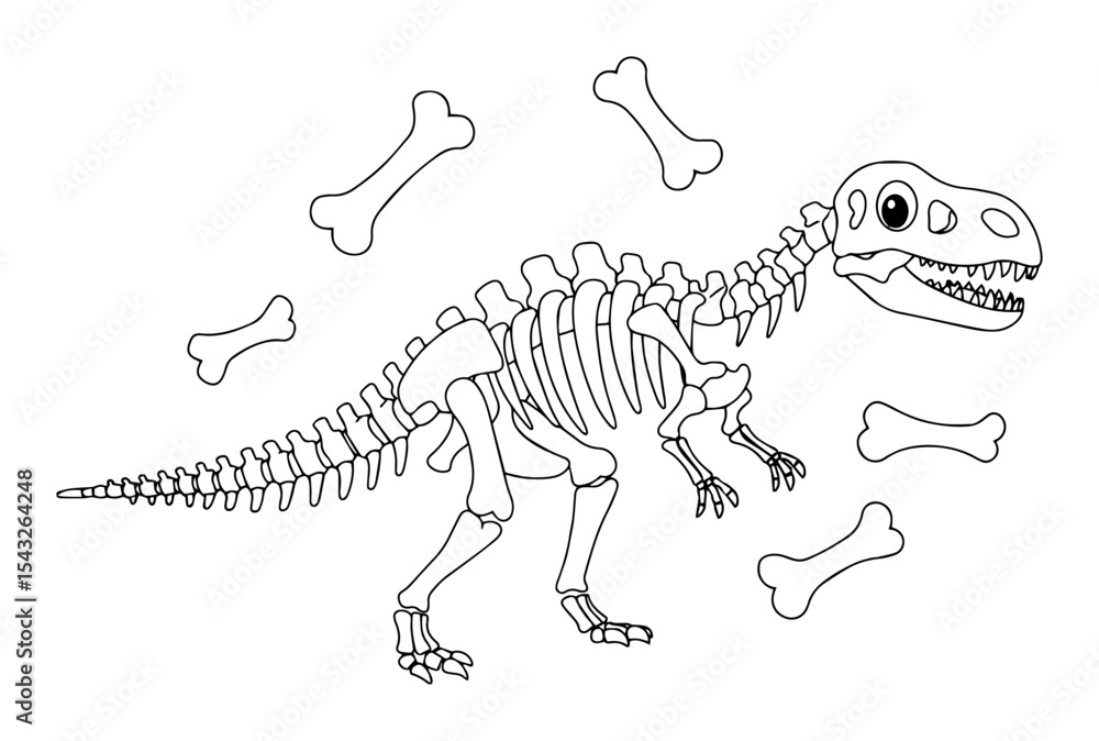 Fototapeta premium dinosaur skeleton cartoon outline vector illustration bones monochrome line art