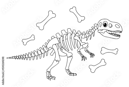 dinosaur skeleton cartoon outline vector illustration bones monochrome line art