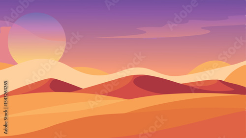 Abstract desert sunset landscape with sun and dunes in warm colors