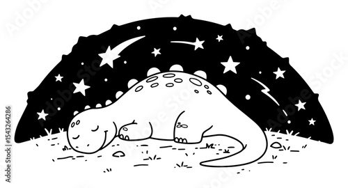 sleeping dinosaur under stars outline vector illustration cute monochrome line art