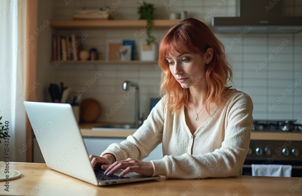 Transgender woman works on laptop at kitchen table. Typing. Remote work at home. Modern tech, wireless connection, internet surfing. Female entrepreneur, business professional. Home interior, Transgender woman works on laptop at kitchen table. Typing. Remote work at home. Modern tech, wireless connection, internet surfing. Female entrepreneur, business professional. Home interior,