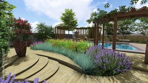 3d image of the landscape design of the home territory. Landscaping of the territory. Computer visualization of composite landscaping and landscaping solutions. 