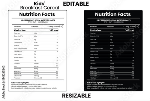 Kids' Breakfast Cereal, nutrition facts, nutrition, nutrition label, calories in food, nutrition info, supplement facts, vector template