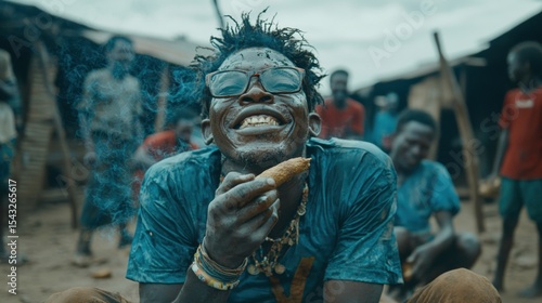 A man in a blue shirt and glasses is laughing while holding a corn cob.